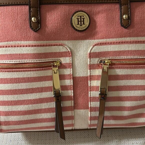 TH Ivory Coral Pink Brown Canvas Stripe Faux Leather Trim Medium Tote Handbag - Picture 14 of 15
